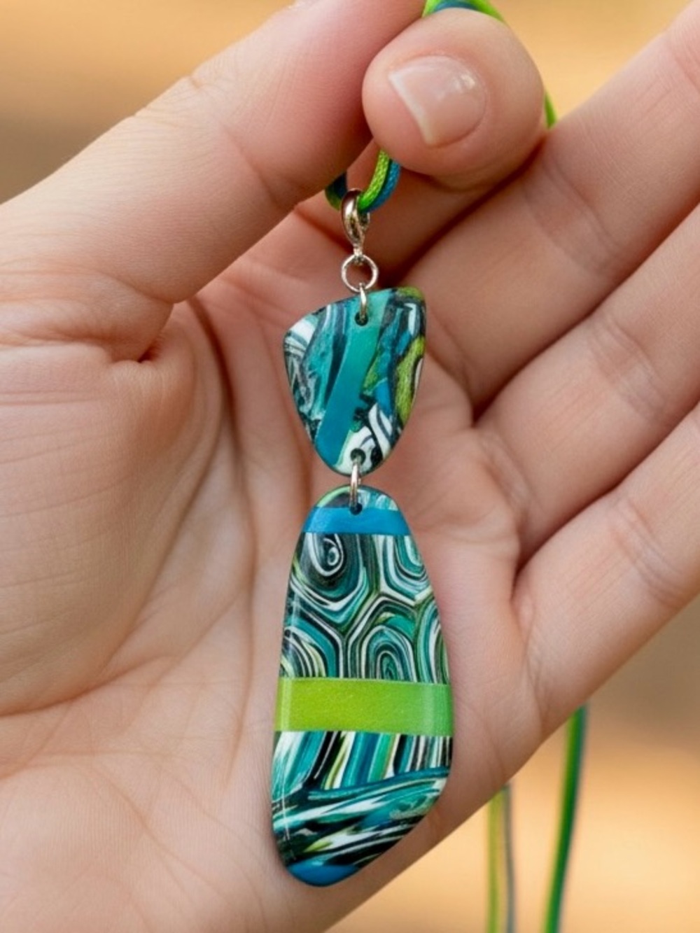 Handmade Bright Blue & Green Large Polymer Clay Pendant Necklace 18" Satin Cord